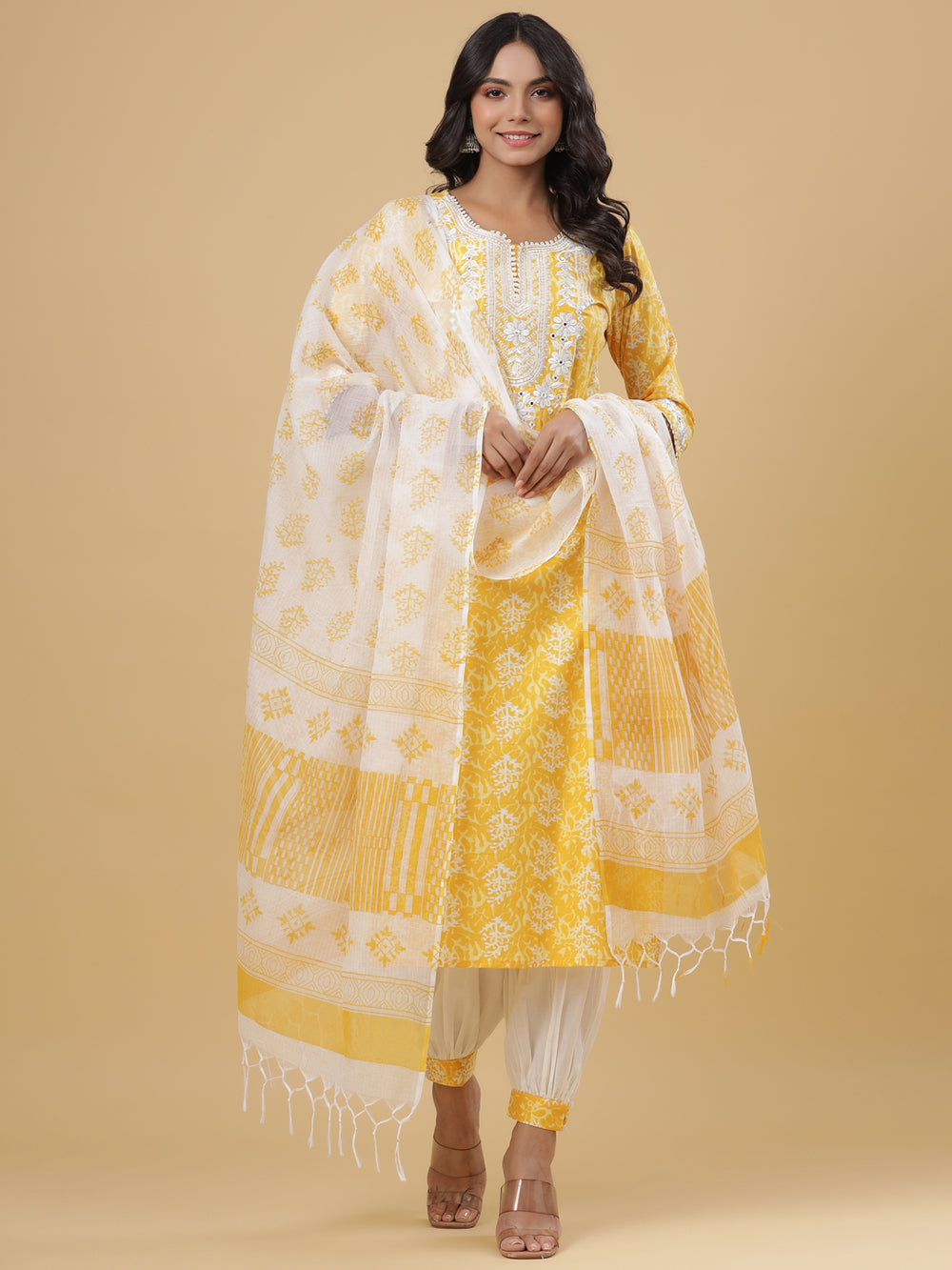 Juniper Women's Yellow Cotton Printed Straight Kurta Pant Dupatta Set | Grocsy