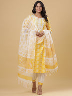 Juniper Women's Yellow Cotton Printed Straight Kurta Pant Dupatta Set | Grocsy
