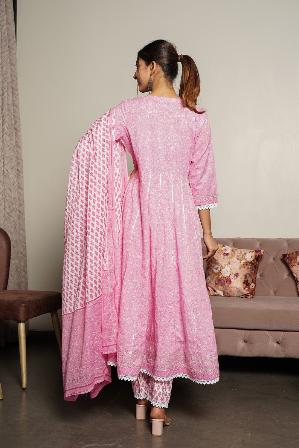 Juniper Women's Pink Cotton Printed Straight Kurta Pant Dupatta Set | Grocsy