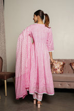 Juniper Women's Pink Cotton Printed Straight Kurta Pant Dupatta Set | Grocsy