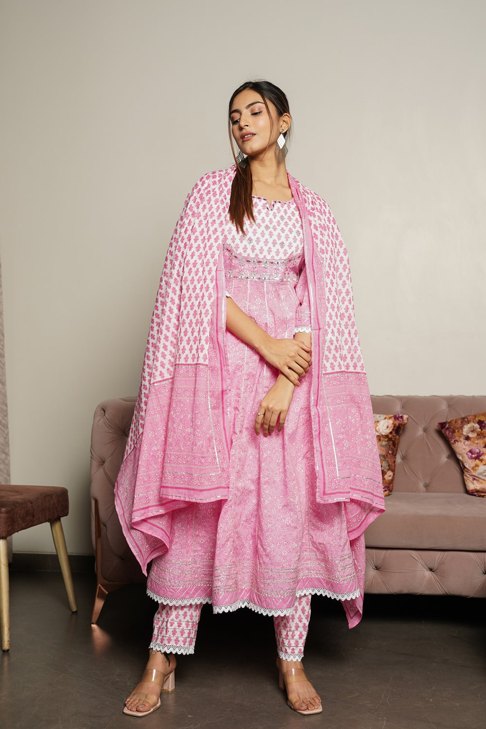 Juniper Women's Pink Cotton Printed Straight Kurta Pant Dupatta Set | Grocsy