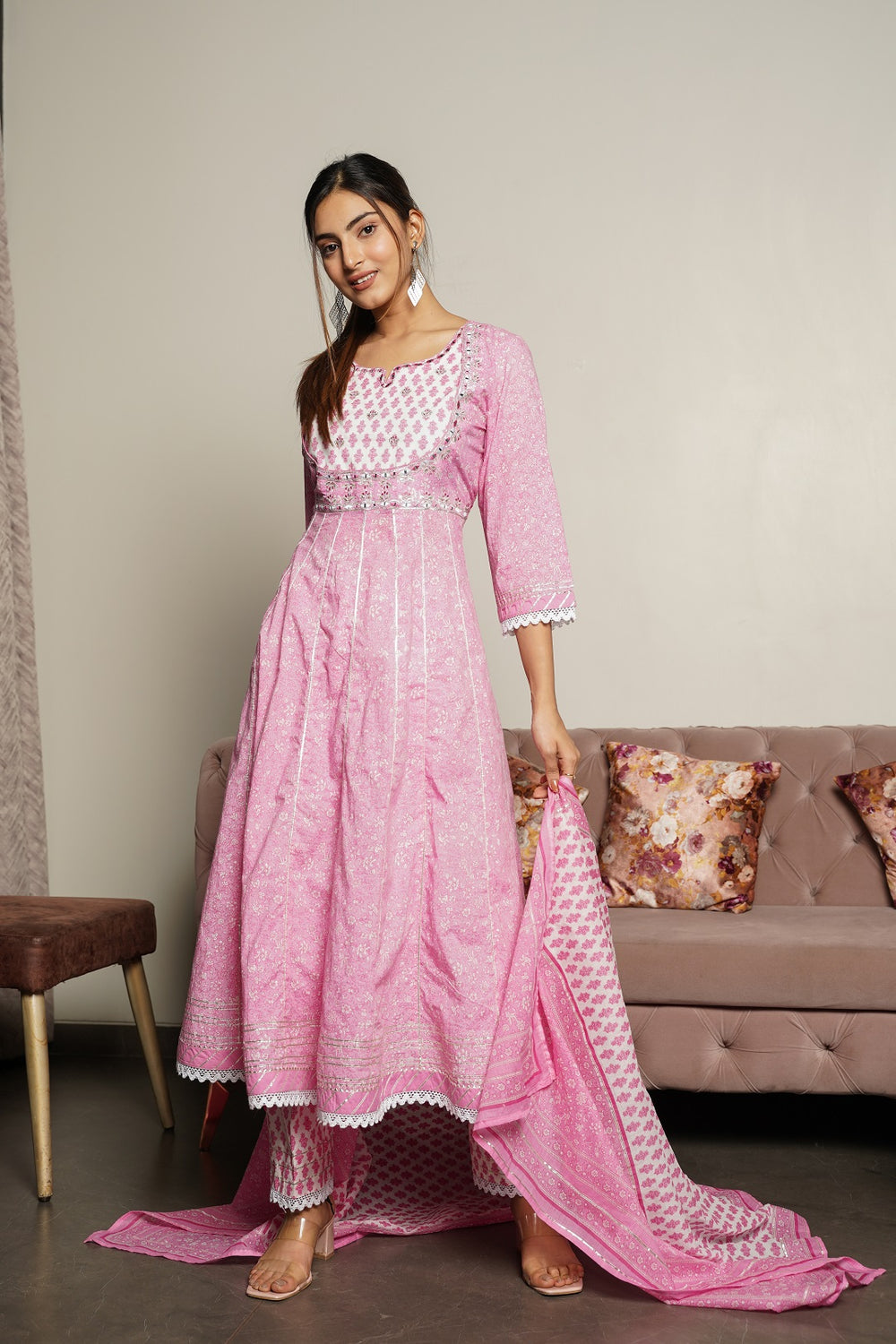 Juniper Women's Pink Cotton Printed Straight Kurta Pant Dupatta Set | Grocsy