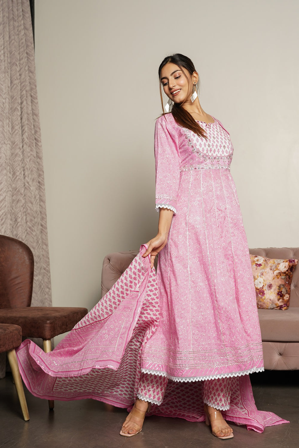 Juniper Women's Pink Cotton Printed Straight Kurta Pant Dupatta Set | Grocsy