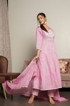 Juniper Women's Pink Cotton Printed Straight Kurta Pant Dupatta Set | Grocsy