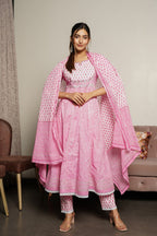 Juniper Women's Pink Cotton Printed Straight Kurta Pant Dupatta Set | Grocsy