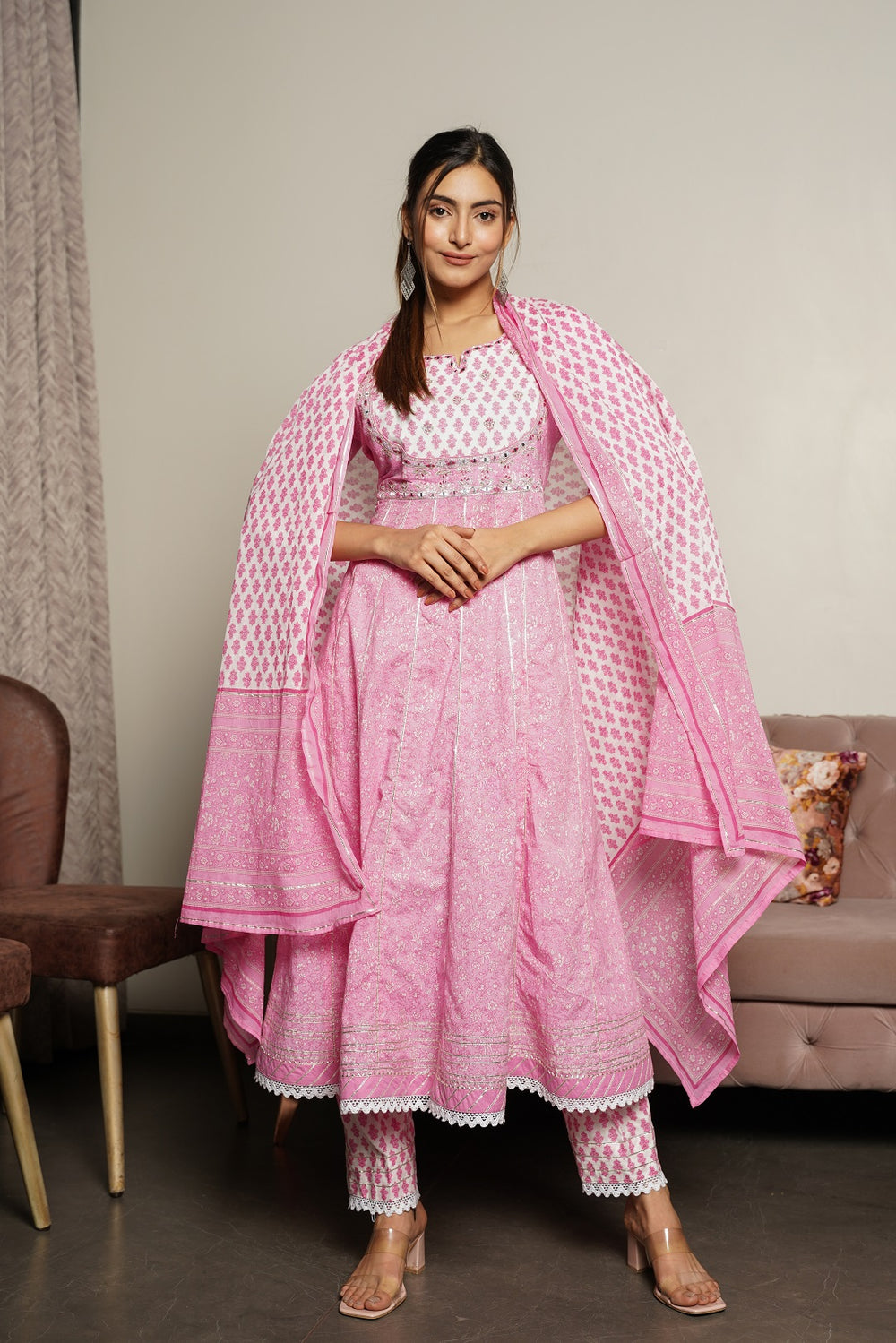 Juniper Women's Pink Cotton Printed Straight Kurta Pant Dupatta Set | Grocsy