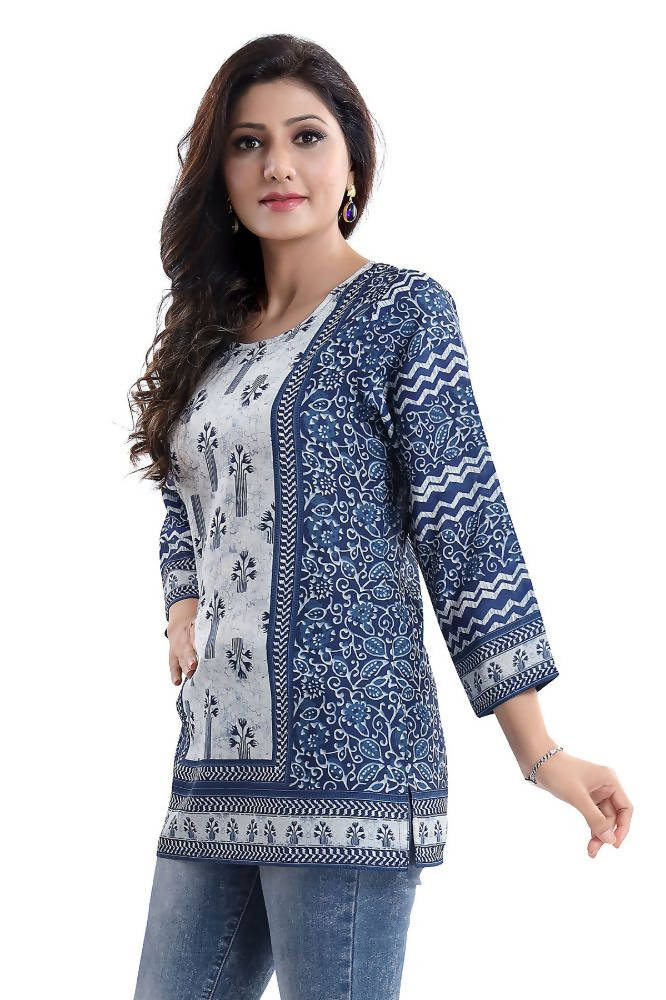 Snehal Creations Stylista Indigo Blue Summer Cool Printed Tunic Top | Grocsy