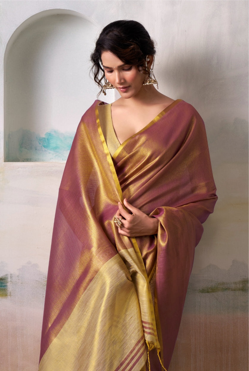 Anaita Pink Gold Handloom Tissue Silk Self Woven Plain Saree | Grocsy