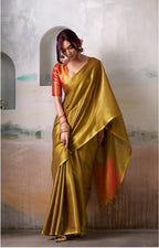 Anaita Pink Gold Handloom Tissue Silk Self Woven Plain Saree | Grocsy