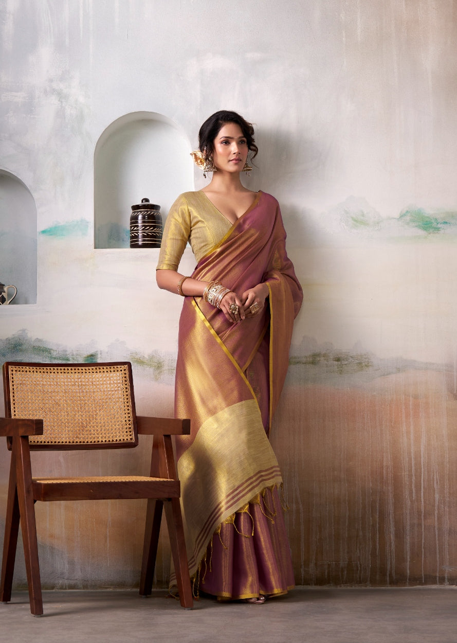 Anaita Pink Gold Handloom Tissue Silk Self Woven Plain Saree | Grocsy