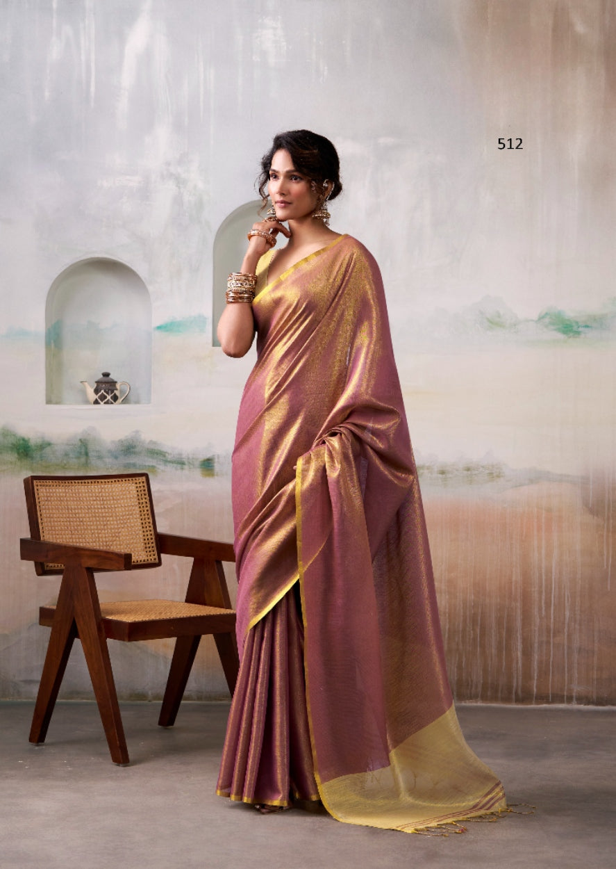 Anaita Pink Gold Handloom Tissue Silk Self Woven Plain Saree | Grocsy