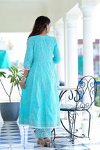 Juniper Women's Sky Blue Cotton Printed Straight Kurta Pant Dupatta Set | Grocsy