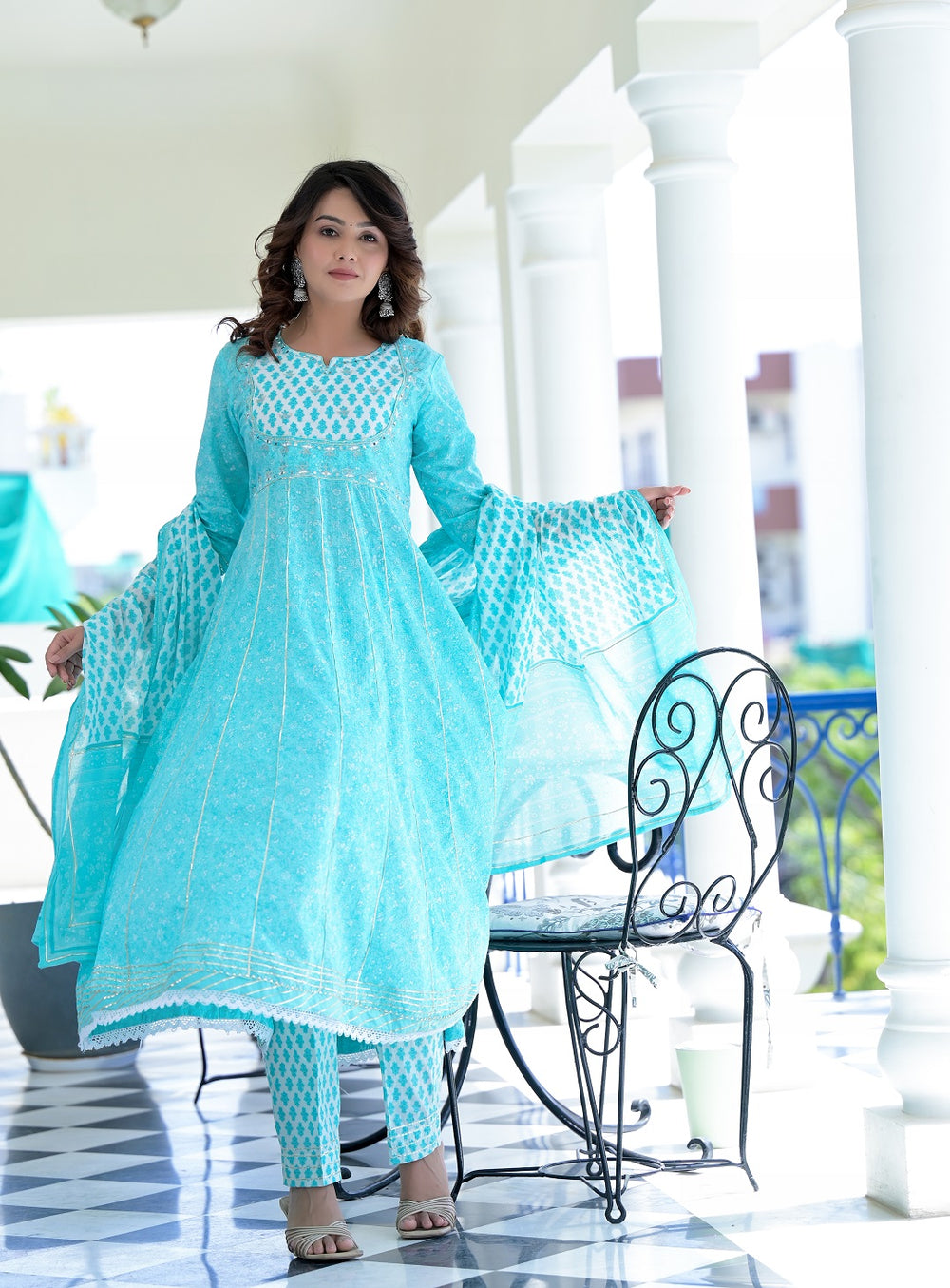Juniper Women's Sky Blue Cotton Printed Straight Kurta Pant Dupatta Set | Grocsy