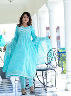 Juniper Women's Sky Blue Cotton Printed Straight Kurta Pant Dupatta Set | Grocsy