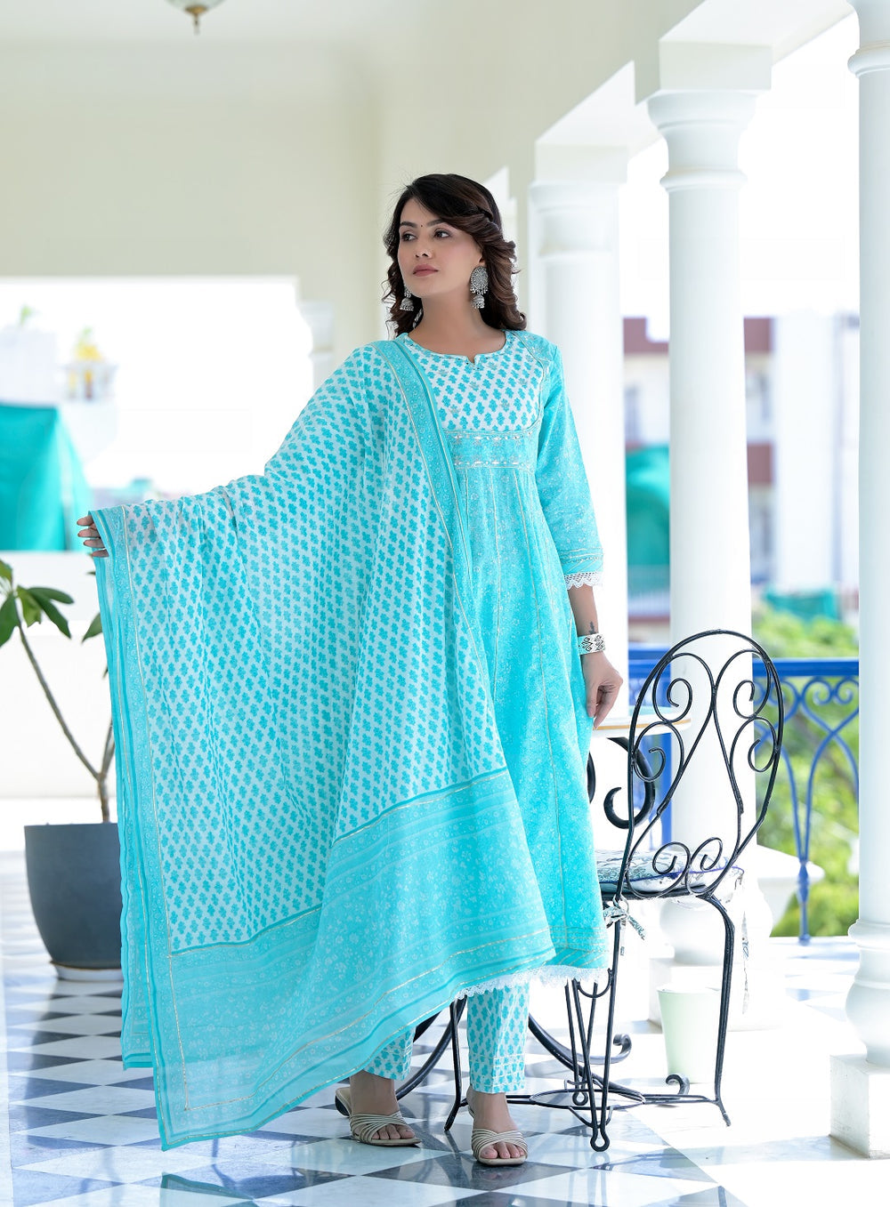 Juniper Women's Sky Blue Cotton Printed Straight Kurta Pant Dupatta Set | Grocsy