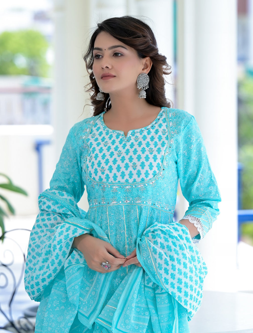 Juniper Women's Sky Blue Cotton Printed Straight Kurta Pant Dupatta Set | Grocsy