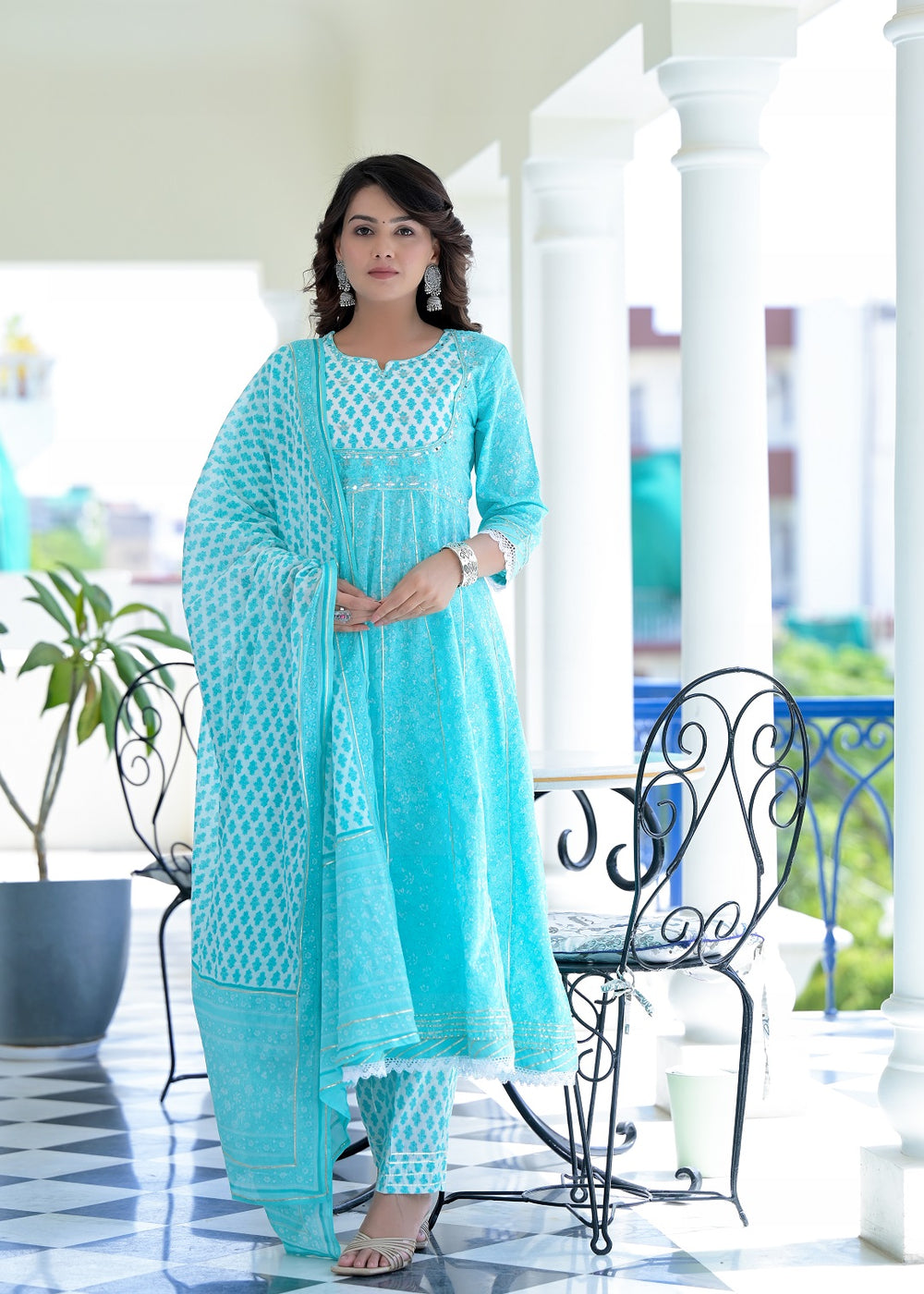 Juniper Women's Sky Blue Cotton Printed Straight Kurta Pant Dupatta Set | Grocsy