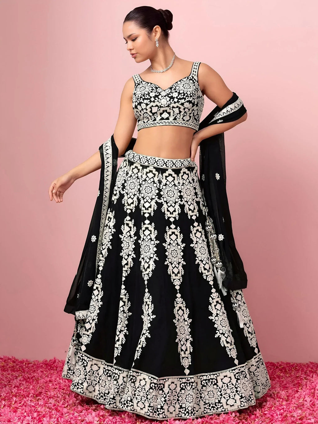 Tulsi Art Captivating Black Thread Work Georgette Reception Wear Lehenga Choli | Grocsy