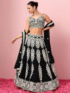 Tulsi Art Captivating Black Thread Work Georgette Reception Wear Lehenga Choli | Grocsy
