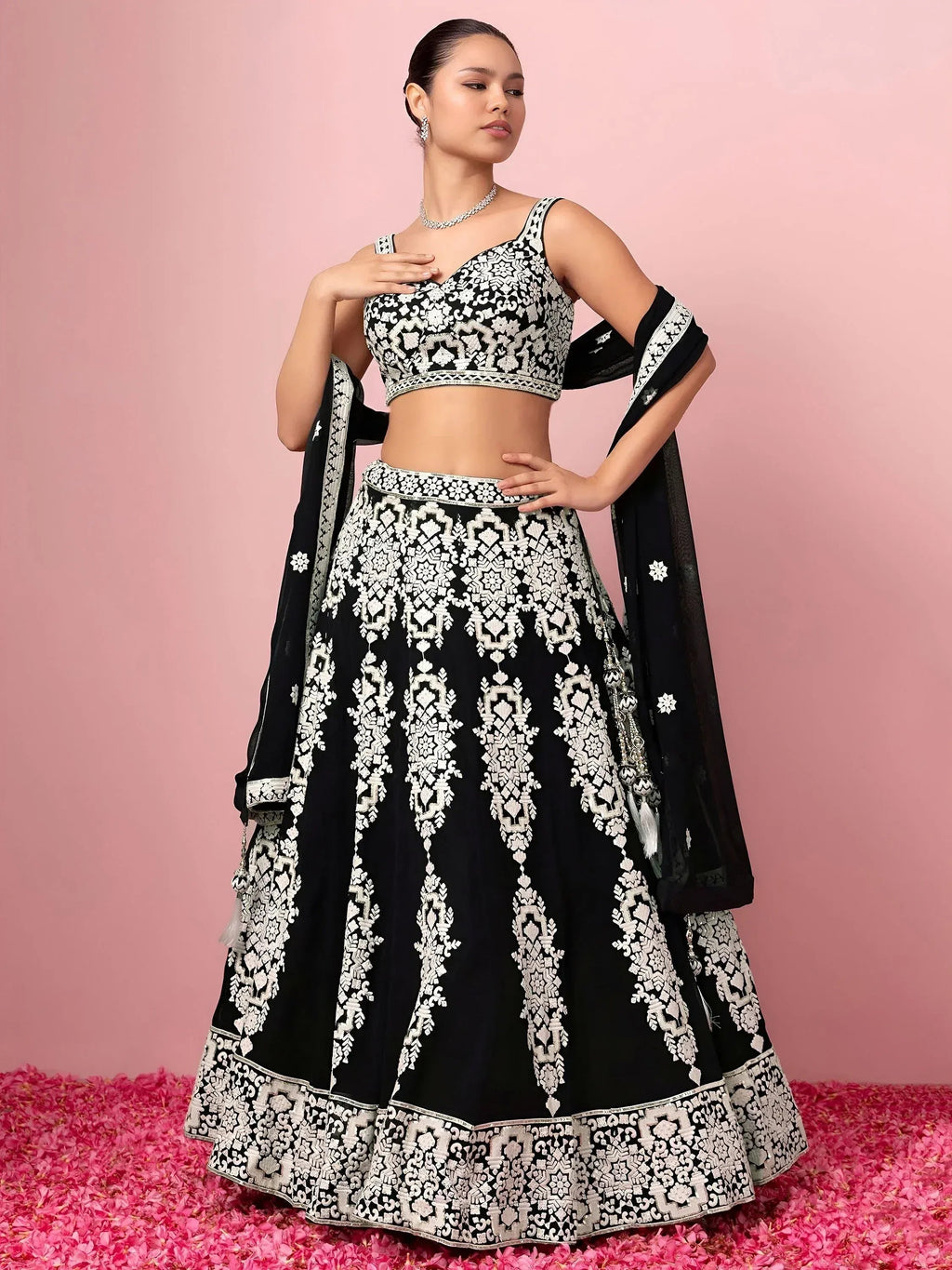 Tulsi Art Captivating Black Thread Work Georgette Reception Wear Lehenga Choli | Grocsy