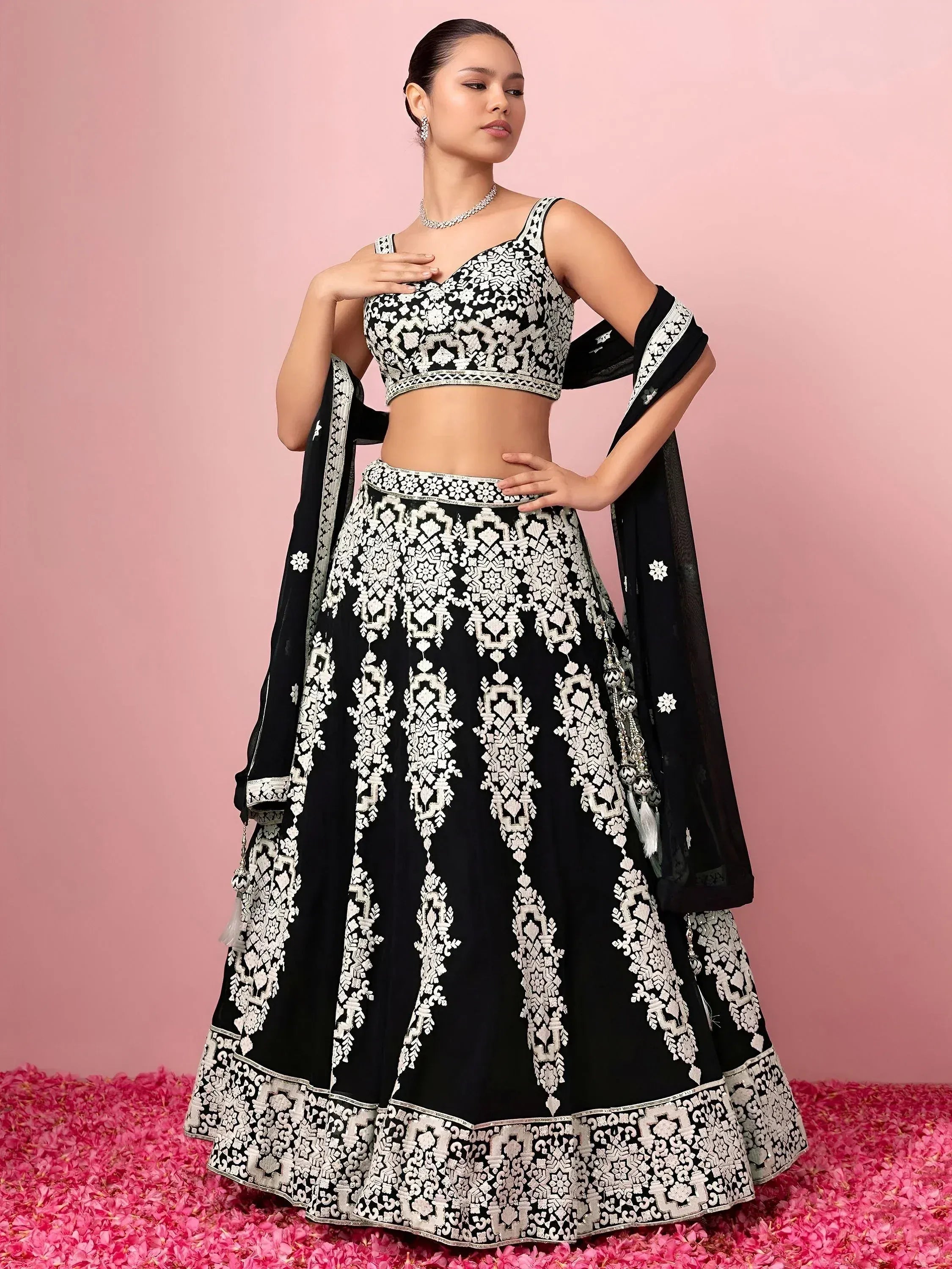 Tulsi Art Captivating Black Thread Work Georgette Reception Wear Lehenga Choli | Grocsy