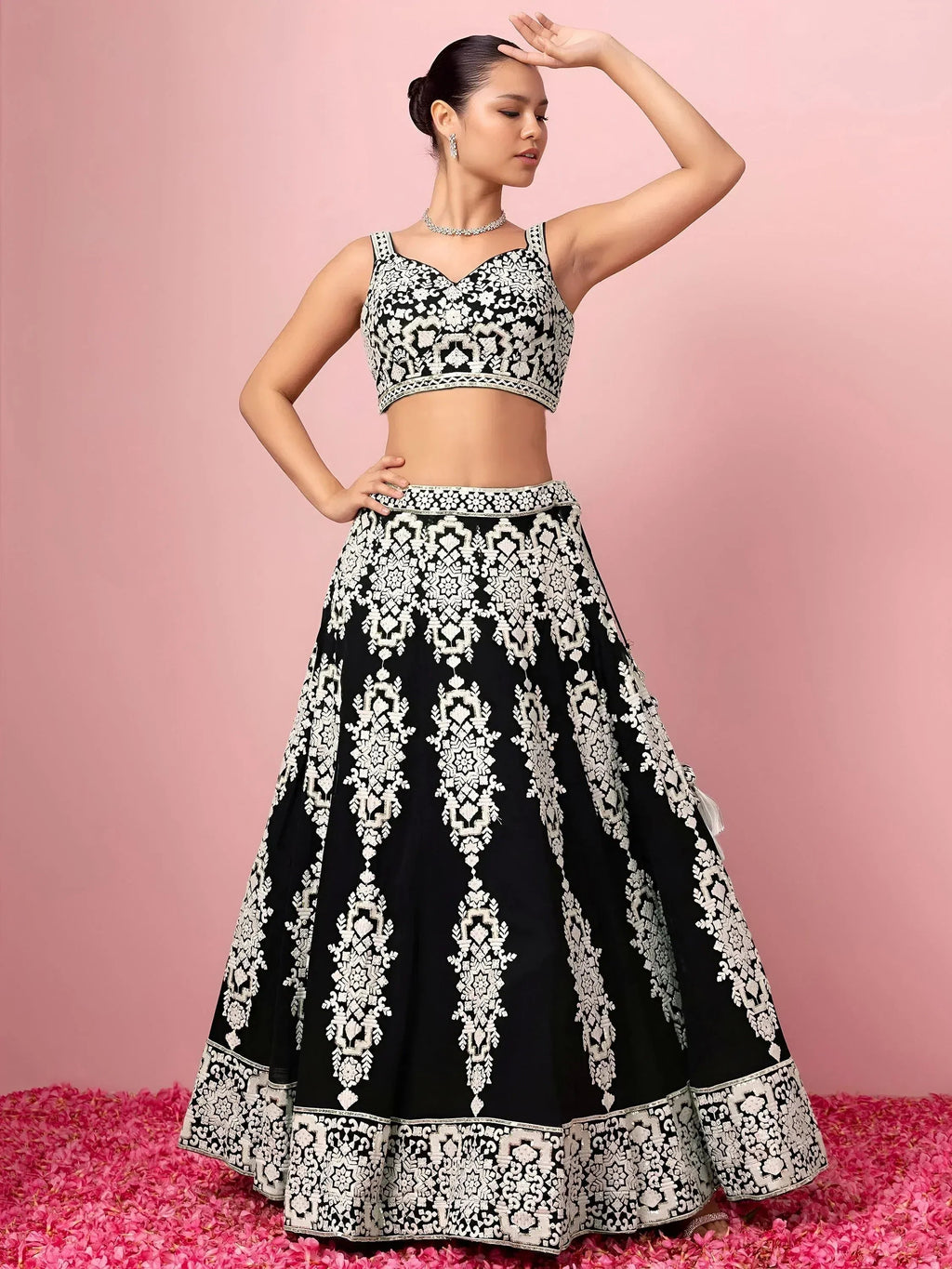 Tulsi Art Captivating Black Thread Work Georgette Reception Wear Lehenga Choli | Grocsy