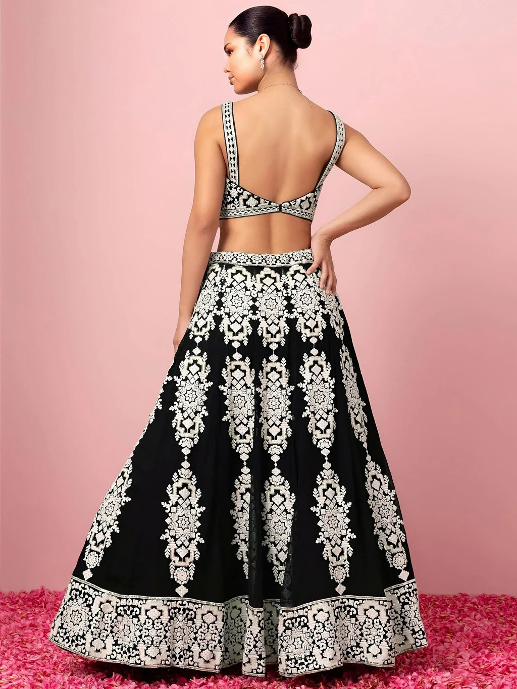 Tulsi Art Captivating Black Thread Work Georgette Reception Wear Lehenga Choli | Grocsy