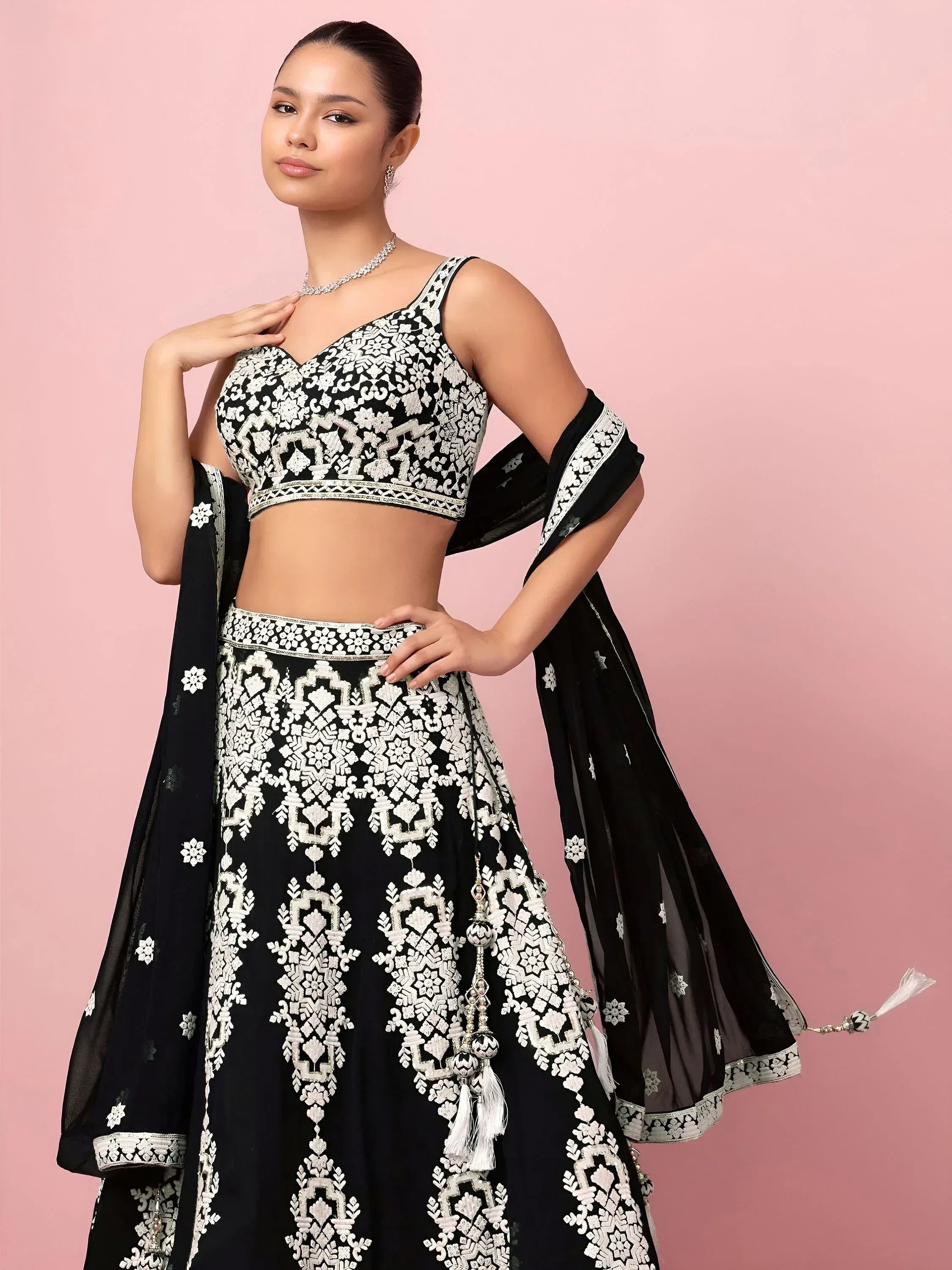 Tulsi Art Captivating Black Thread Work Georgette Reception Wear Lehenga Choli | Grocsy