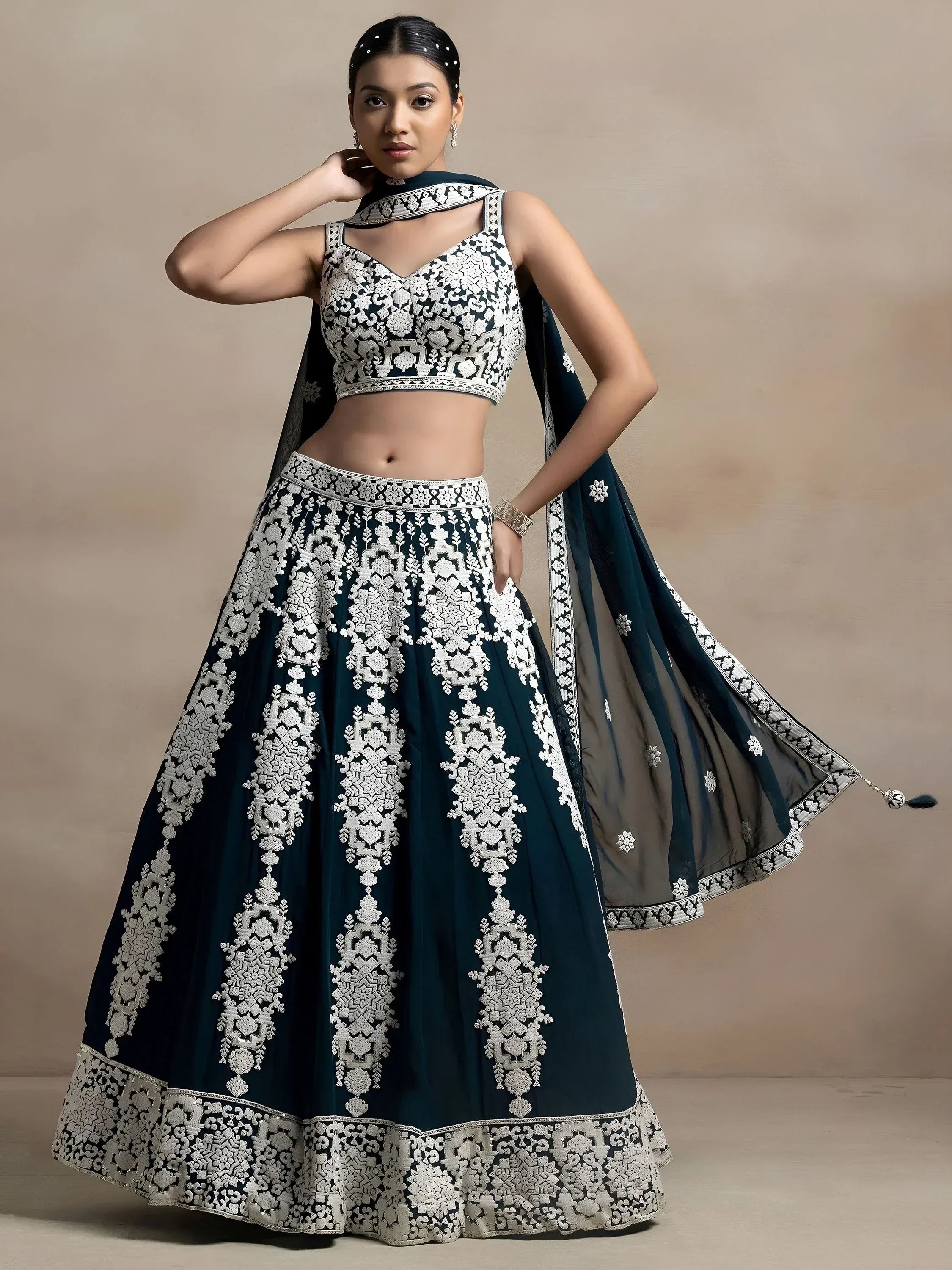 Tulsi Art Glamorous Dark Green Thread Embroidered Georgette Lehenga Choli | Grocsy