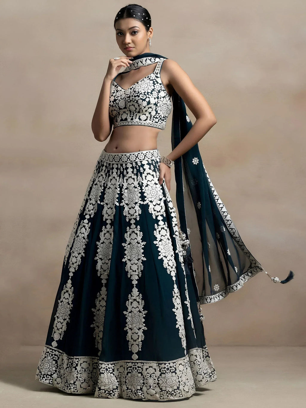 Tulsi Art Glamorous Dark Green Thread Embroidered Georgette Lehenga Choli | Grocsy
