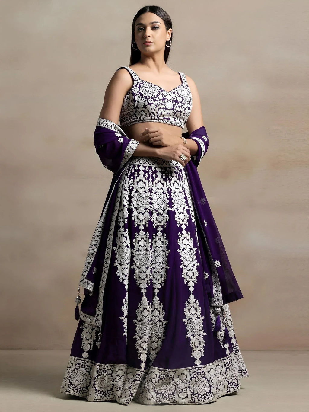 Tulsi Art Bewitching Purple Thread Work Georgette Festival Wear Lehenga Choli | Grocsy