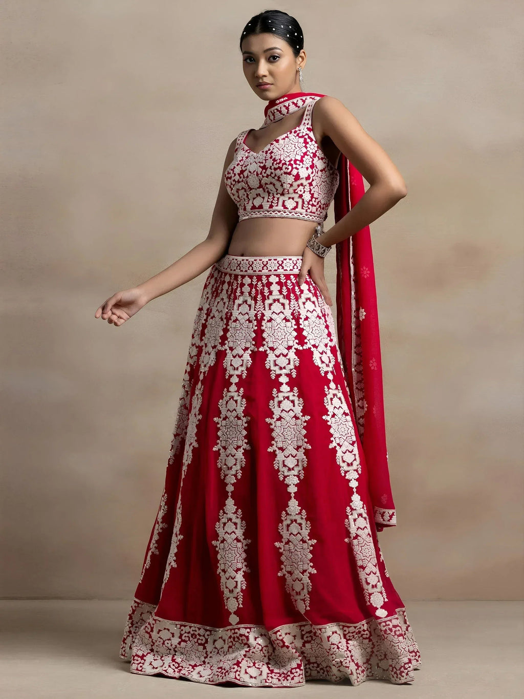 Tulsi Art Attractive Red Thread Work Georgette Sangeet Wear Lehenga Choli | Grocsy