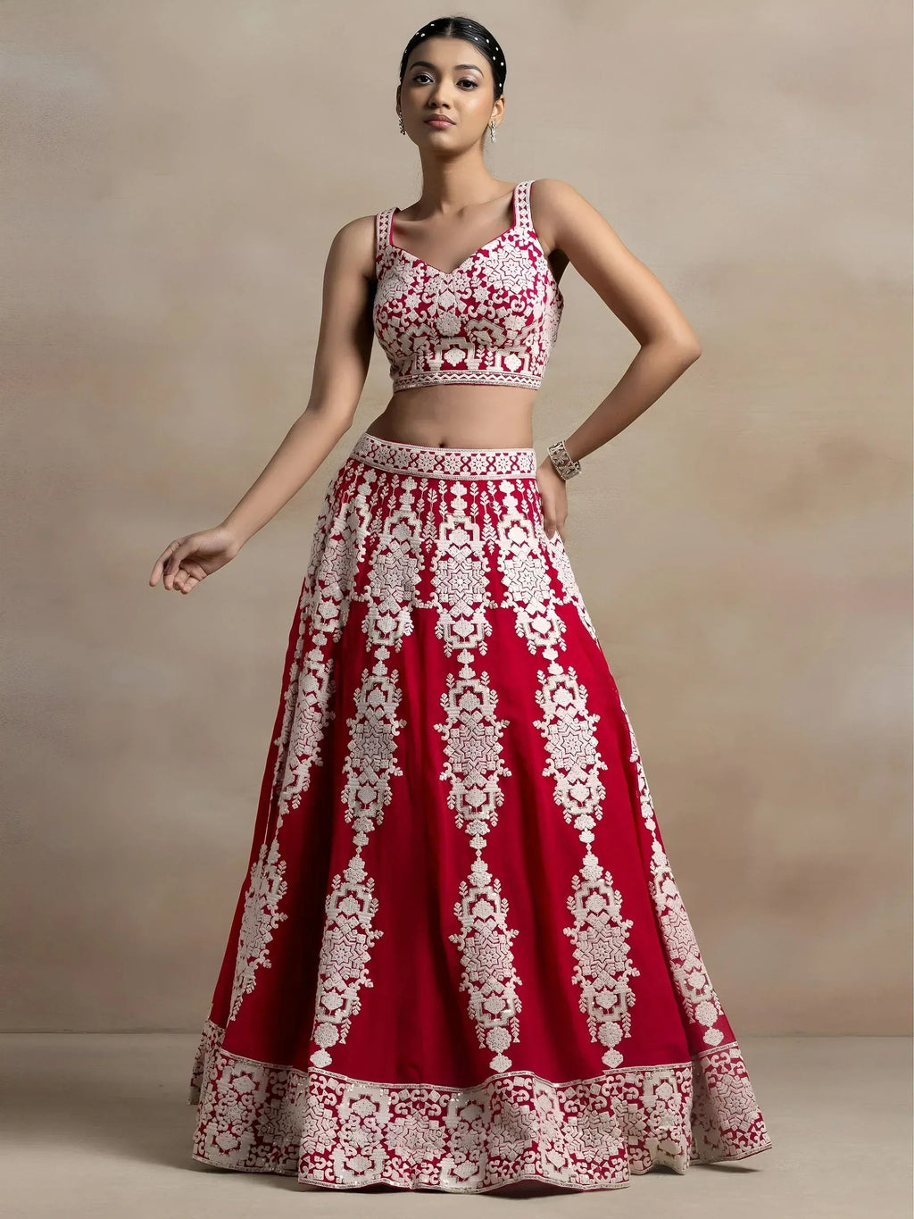 Tulsi Art Attractive Red Thread Work Georgette Sangeet Wear Lehenga Choli | Grocsy