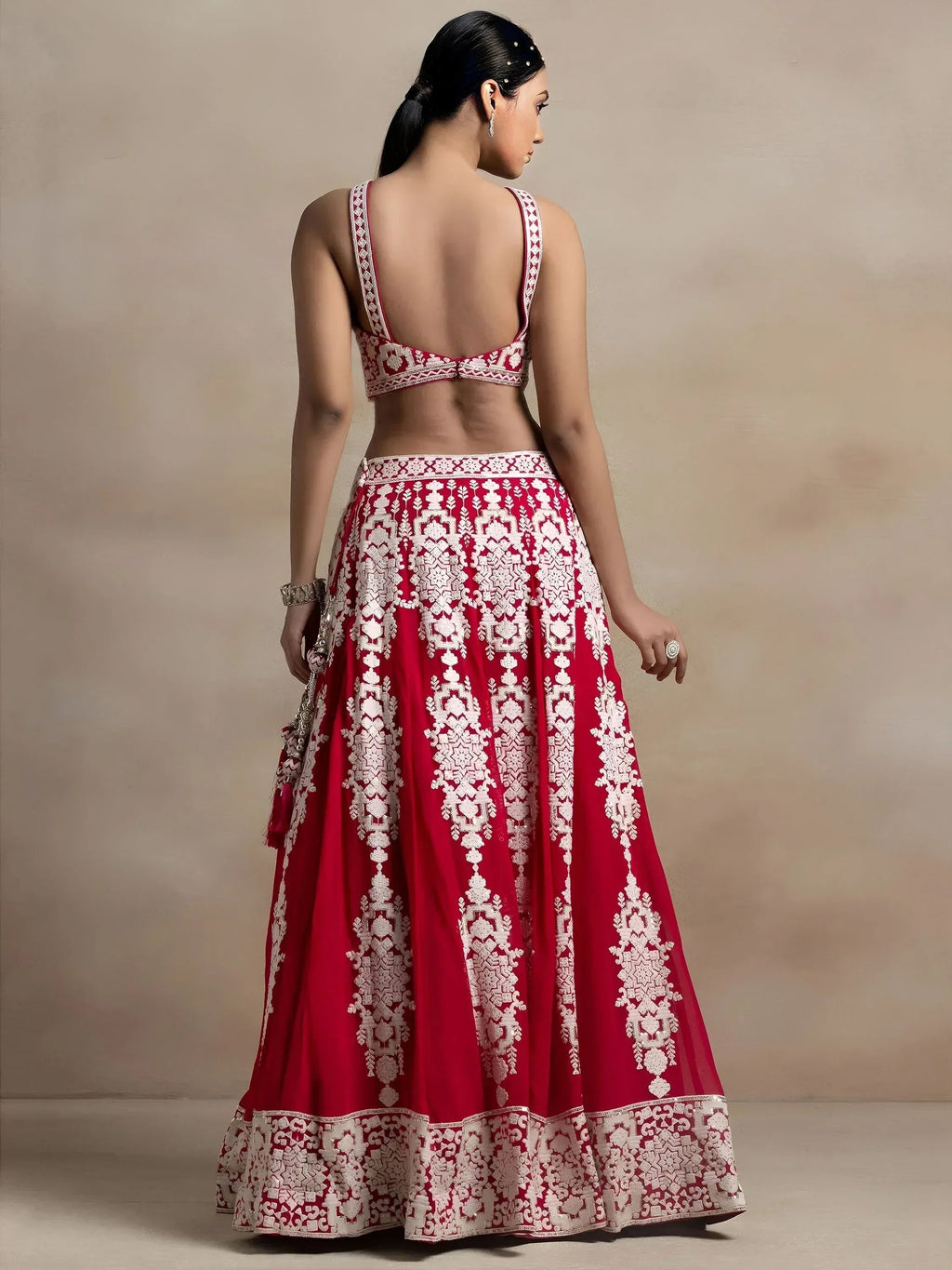 Tulsi Art Attractive Red Thread Work Georgette Sangeet Wear Lehenga Choli | Grocsy