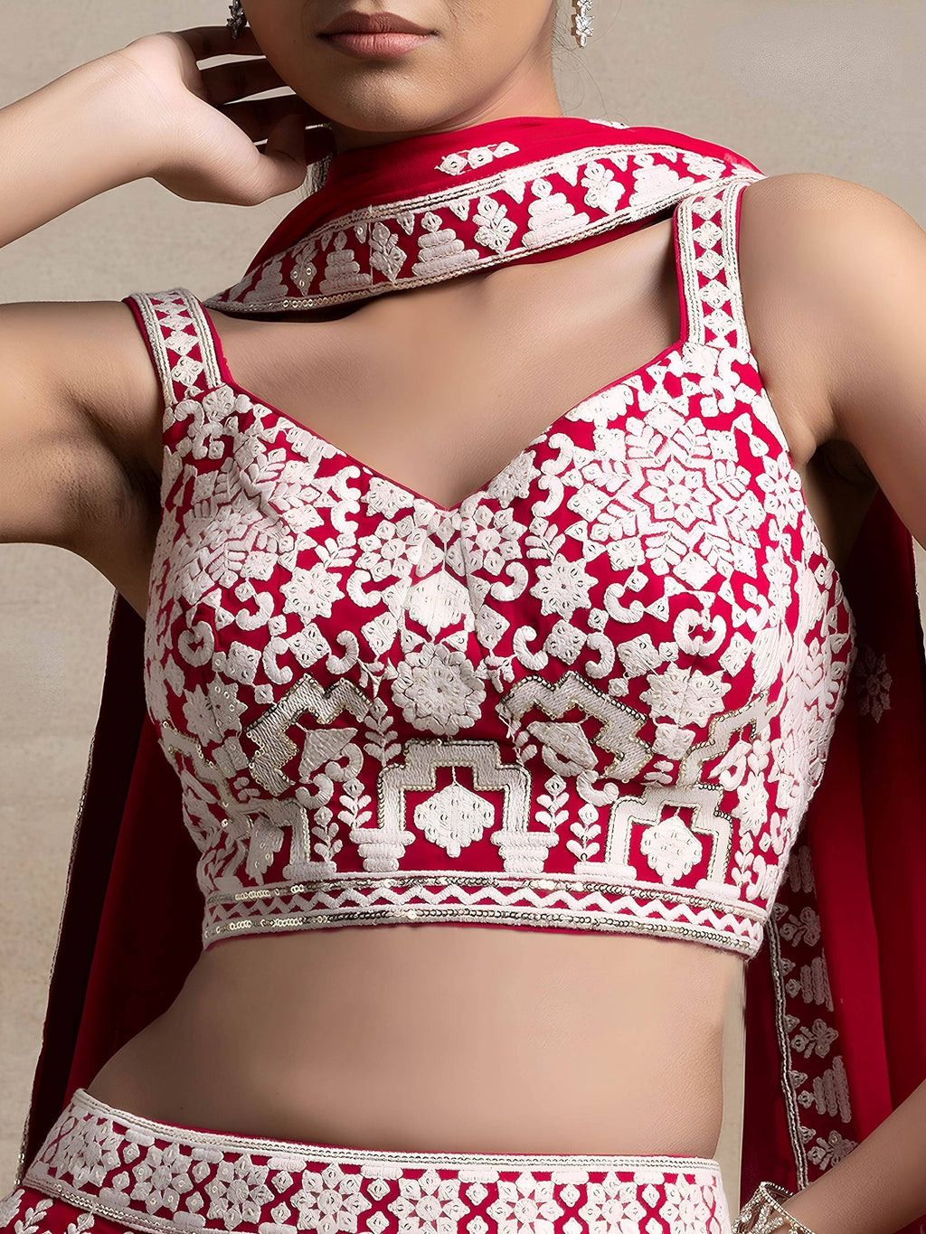 Tulsi Art Attractive Red Thread Work Georgette Sangeet Wear Lehenga Choli | Grocsy