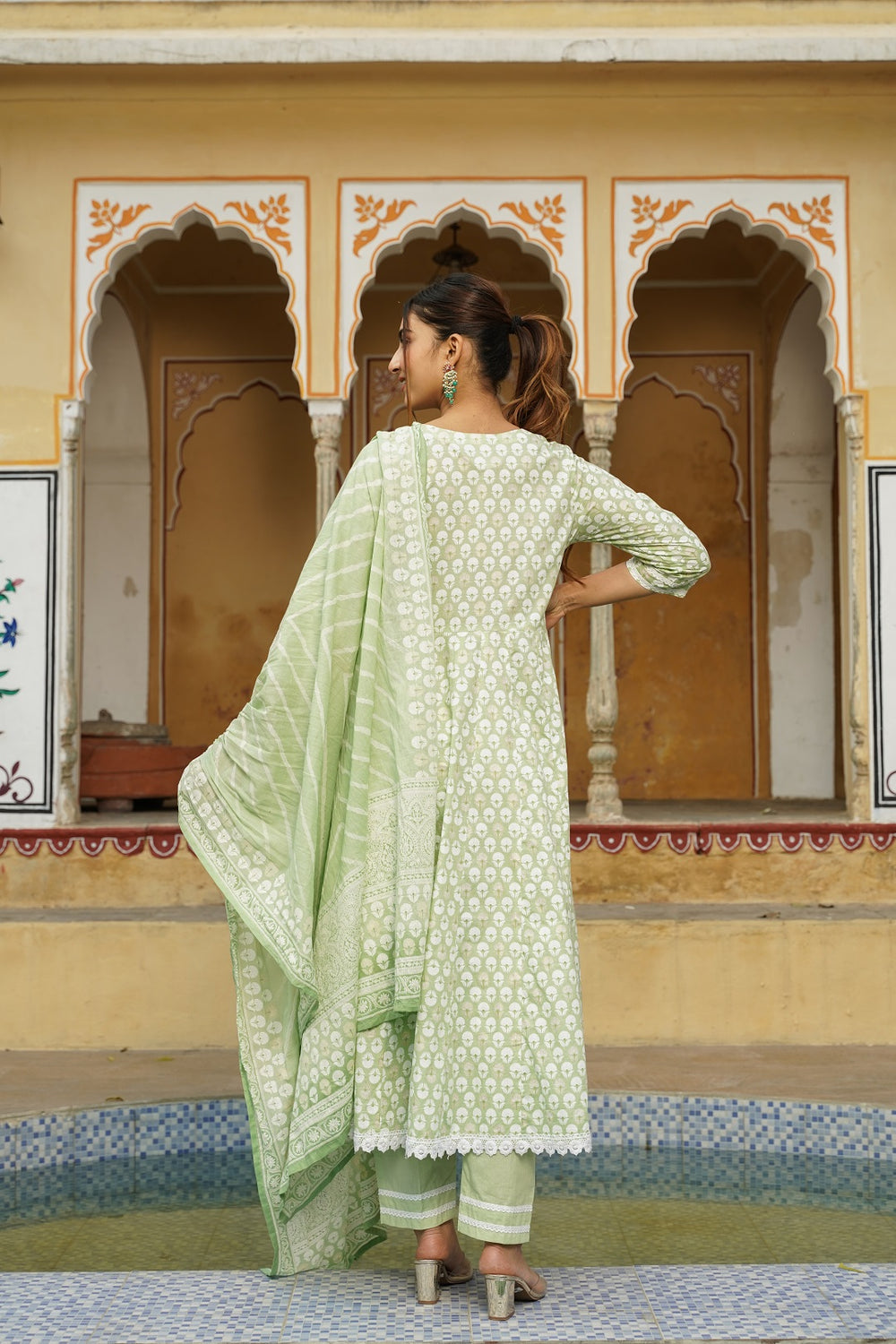 Juniper Women's Sage Green Cotton Printed Straight Kurta Pant Dupatta Set | Grocsy