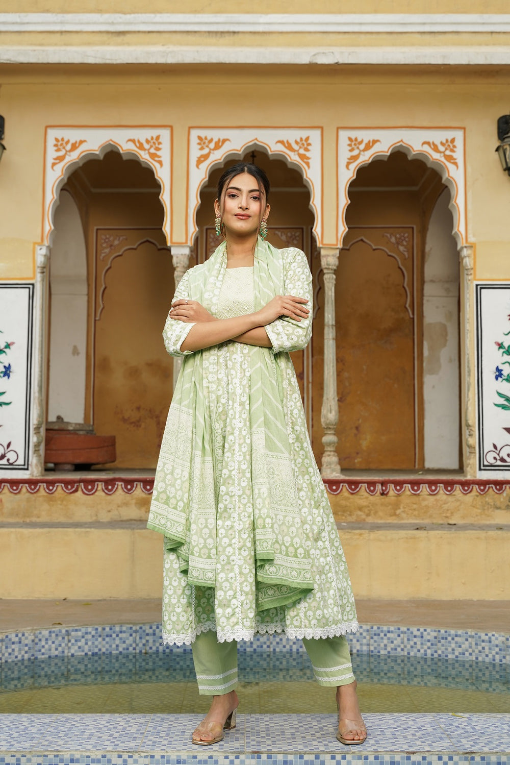 Juniper Women's Sage Green Cotton Printed Straight Kurta Pant Dupatta Set | Grocsy