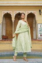 Juniper Women's Sage Green Cotton Printed Straight Kurta Pant Dupatta Set | Grocsy