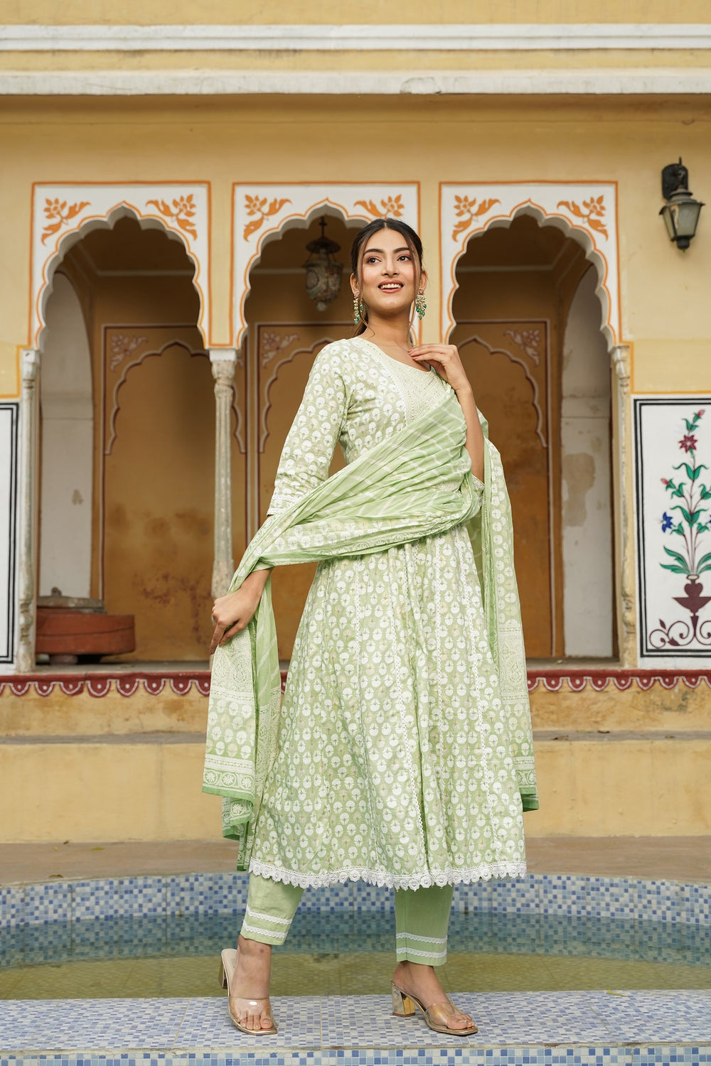 Juniper Women's Sage Green Cotton Printed Straight Kurta Pant Dupatta Set | Grocsy