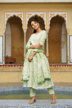 Juniper Women's Sage Green Cotton Printed Straight Kurta Pant Dupatta Set | Grocsy