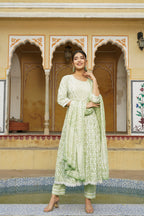 Juniper Women's Sage Green Cotton Printed Straight Kurta Pant Dupatta Set | Grocsy