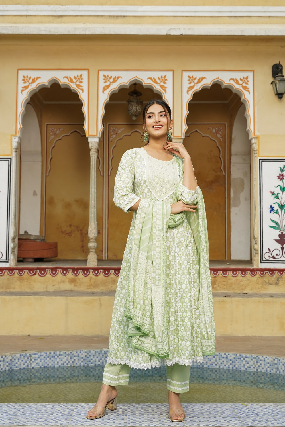 Juniper Women's Sage Green Cotton Printed Straight Kurta Pant Dupatta Set | Grocsy