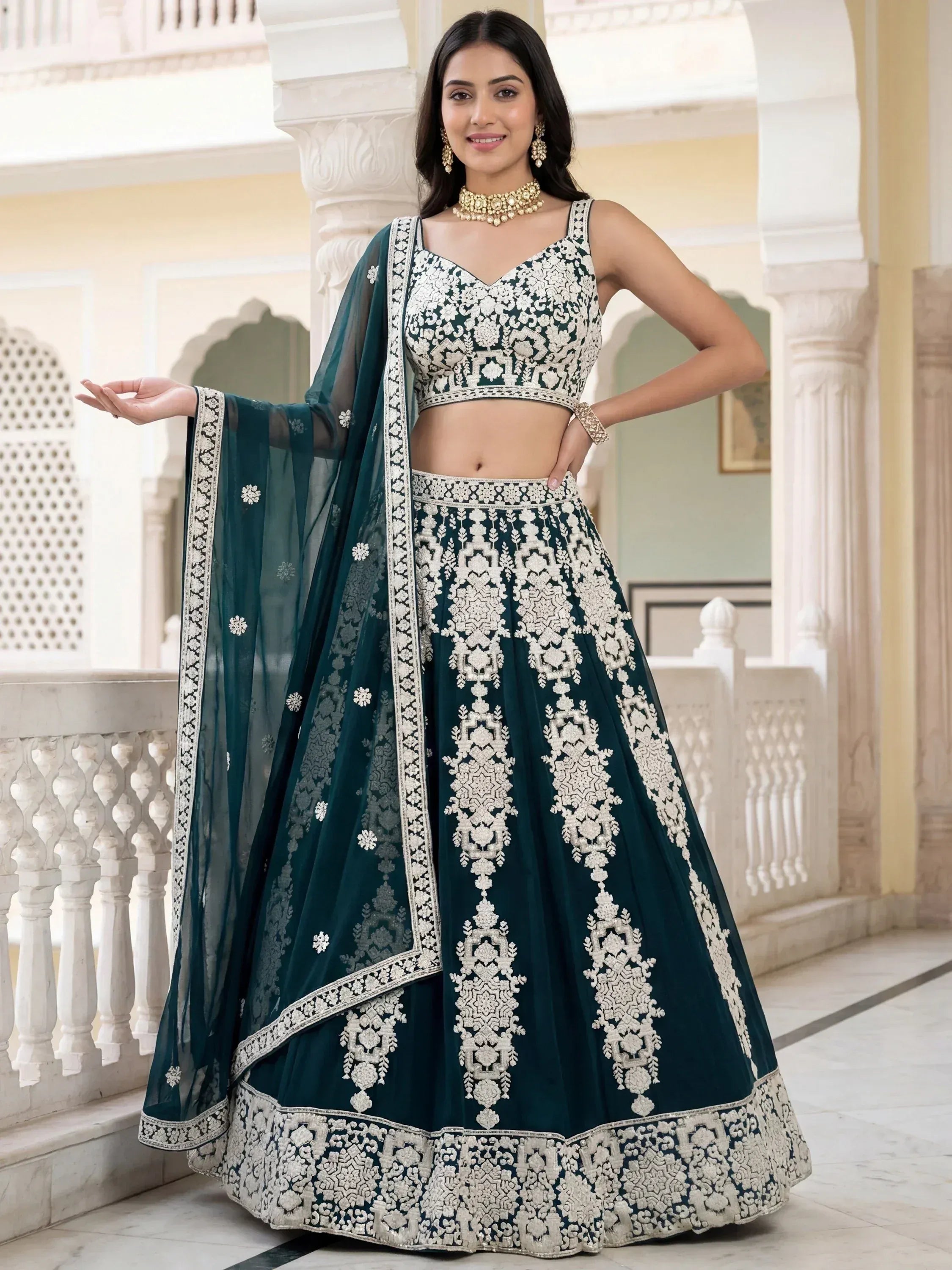 Tulsi Art Great Green Thread Embroidered Georgette Wedding Wear Lehenga Choli | Grocsy