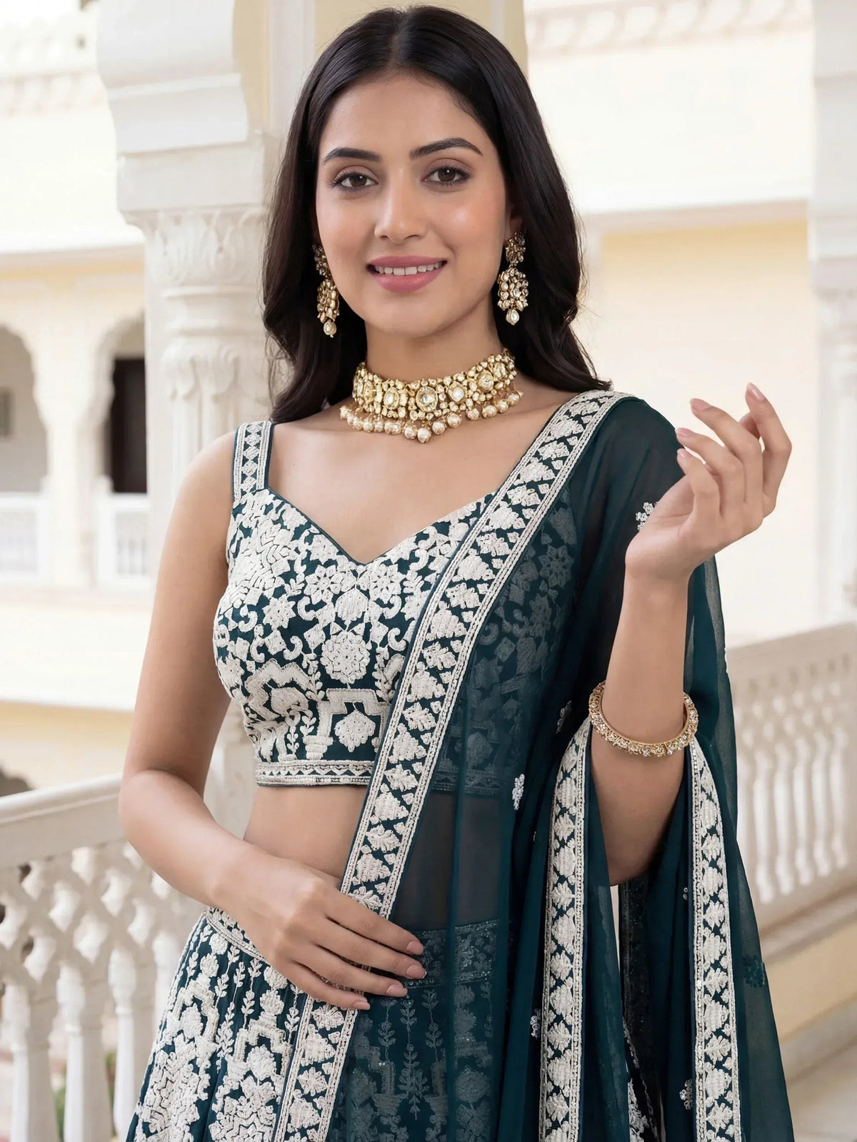 Tulsi Art Great Green Thread Embroidered Georgette Wedding Wear Lehenga Choli | Grocsy