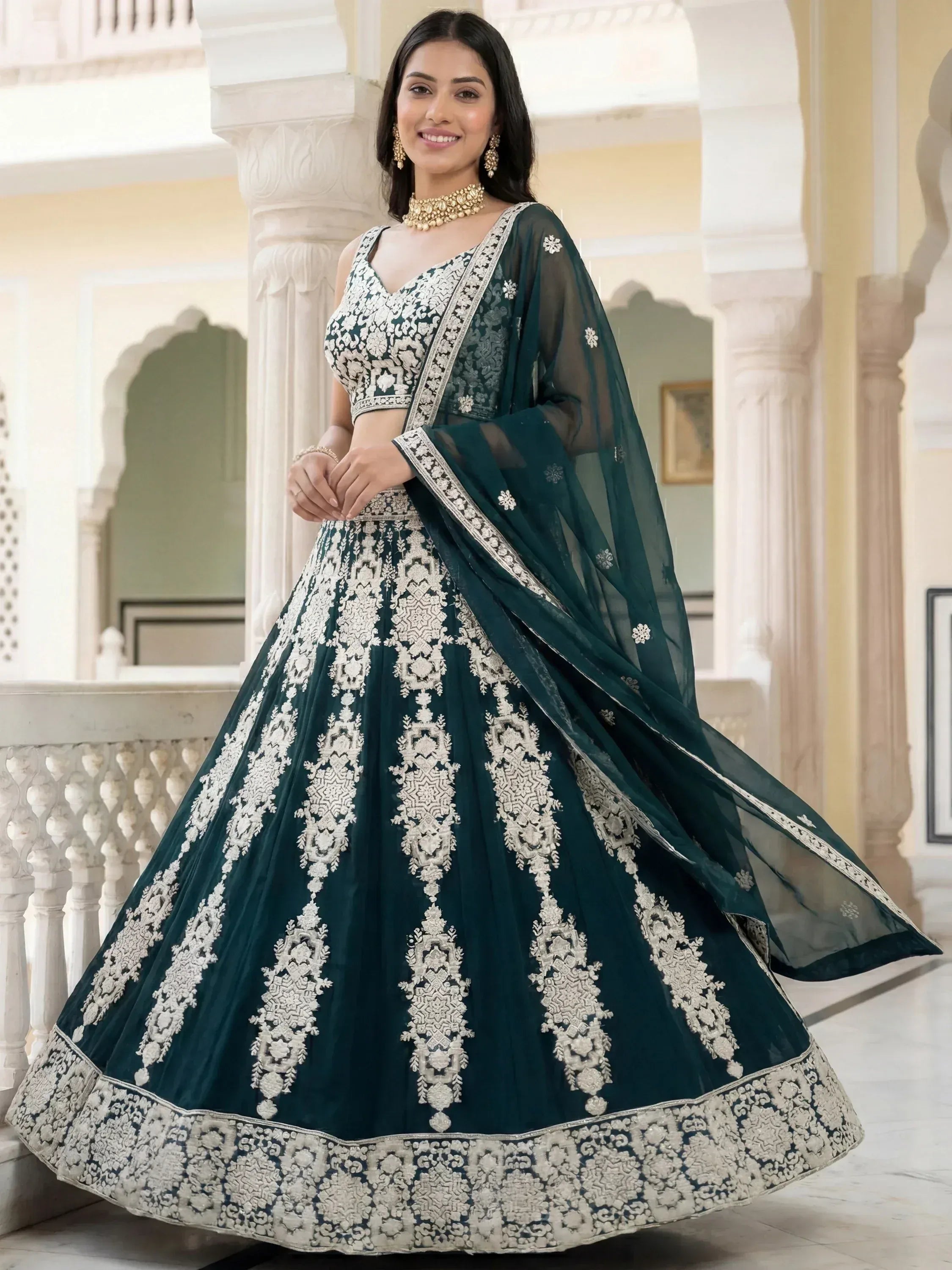 Tulsi Art Great Green Thread Embroidered Georgette Wedding Wear Lehenga Choli | Grocsy