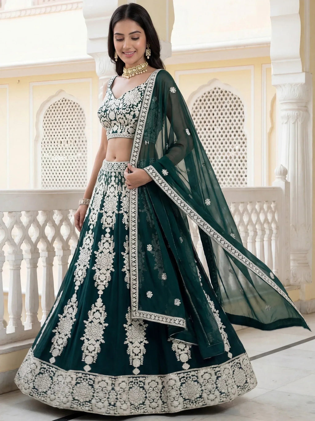 Tulsi Art Great Green Thread Embroidered Georgette Wedding Wear Lehenga Choli | Grocsy