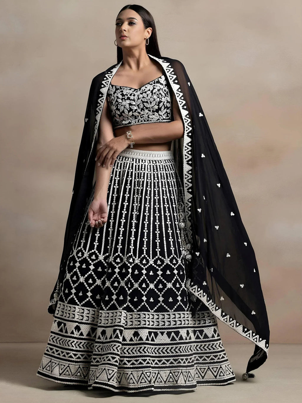 Tulsi Art Awesome Black Thread Work Georgette Reception Wear Lehenga Choli | Grocsy