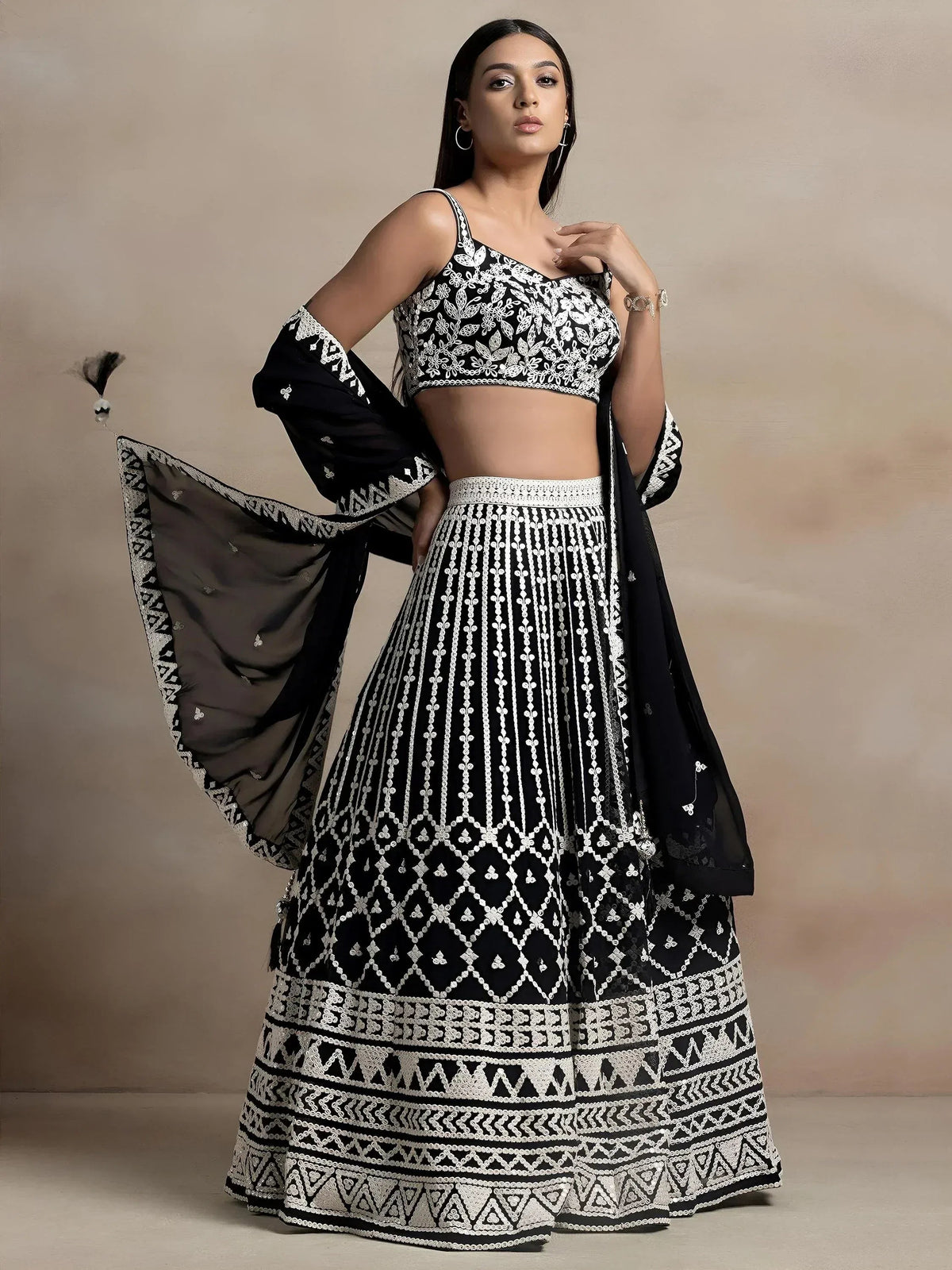 Tulsi Art Awesome Black Thread Work Georgette Reception Wear Lehenga Choli | Grocsy