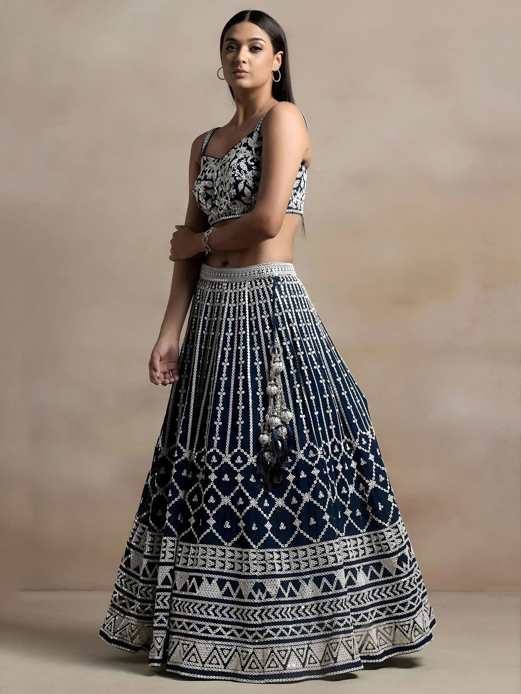 Tulsi Art Great Navy Blue Thread Embroidered Georgette Wedding Lehenga Choli | Grocsy