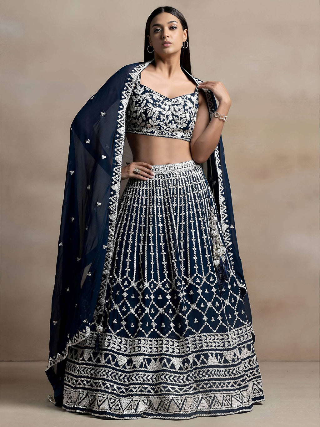 Tulsi Art Great Navy Blue Thread Embroidered Georgette Wedding Lehenga Choli | Grocsy